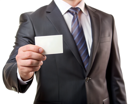 business man hand holding business card isolated on a white background, PNG, AI