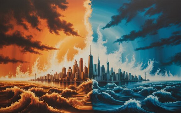 A dramatic scene depicts a cityscape along a body of water, divided by contrasting weather patterns.  - Powered by Adobe