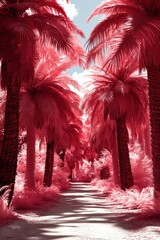 Fototapeta premium Infrared Pink Palm Trees Along a Tranquil Pathway in Surreal Landscape.