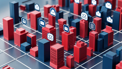 3d rendered abstract cityscape with email and communication symbol icons above buildings