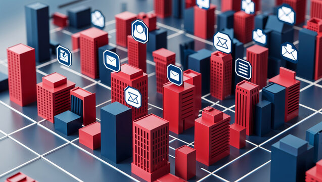 3d rendered abstract cityscape with email and communication symbol icons above buildings