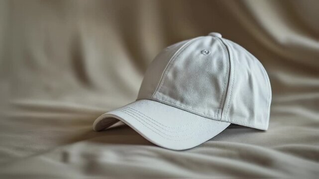 A monochromatic baseball cap resting on a textured fabric backdrop