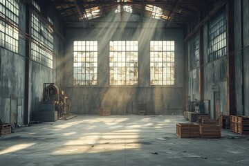 realistic illustration of an abandoned warehouse interior with rusted beams