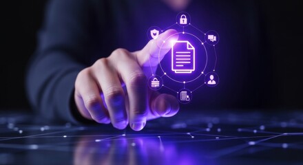 Human hand interacting with digital interface for document and data security management