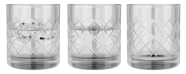 Set of glass glasses for water. Empty glass. Glass in water. Glass with water and ice cubes. Glass cup isolated on white background, on transparent background. 3d render.