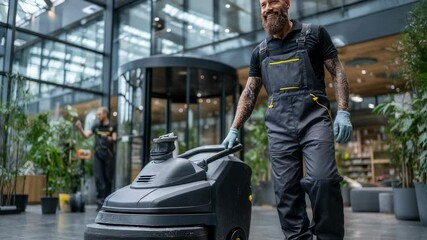 Man operating floor cleaning machine in modern office building lobby area - Powered by Adobe