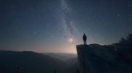 Fototapeta premium Silhouette Standing on Cliff Under Milky Way Night Sky