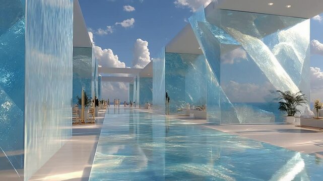 Architectural marvel of a modern resort with glass walls and pool reflecting the sky