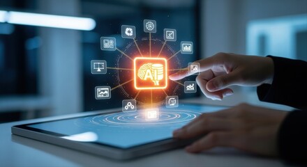 Fototapeta premium Hands interacting with a digital tablet showing artificial intelligence and data management icons
