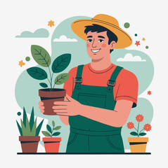 Happy gardener holding potted plant smiling man in overalls green potted plants gardening hobby soil