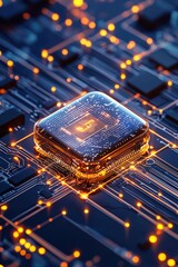 A computer chip is lit up with a glowing orange light