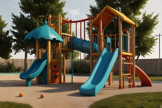 Colorful wooden playground in a sunny park
