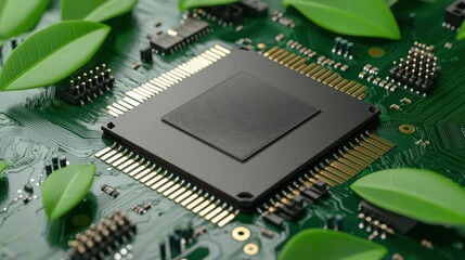A computer chip is surrounded by green leaves