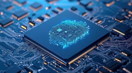 A computer chip with a blue face on it