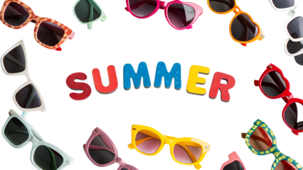 Colorful sunglasses arranged around the word 'SUMMER' in bright letters. The scene has a transparent background, emphasizing the vibrant colors of the sunglasses.
