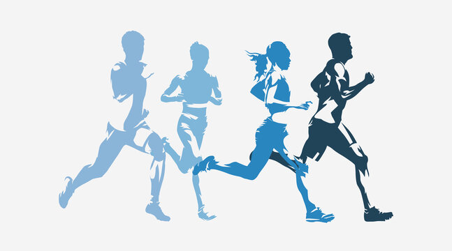 Run, athletics, running men and women, track and field athletes, group of abstract isolated vector silhouettes. Sports