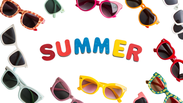 Colorful sunglasses arranged around the word 'SUMMER' in bright letters. The scene has a transparent background, emphasizing the vibrant colors of the sunglasses.