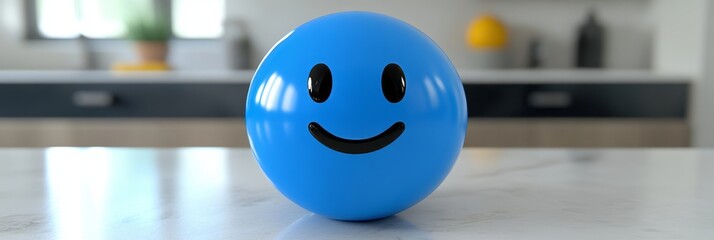 3D Smiling Face Emoji Sphere in Light Blue Color with Shine, Isolated in Elegant Kitchen Setting