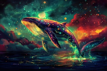 Fototapeta premium A vibrant whale leaps into a celestial sea.