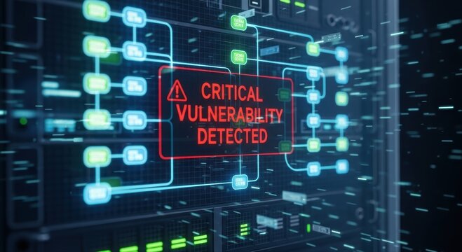 Critical vulnerability detected on server rack monitor displaying network cybersecurity threat