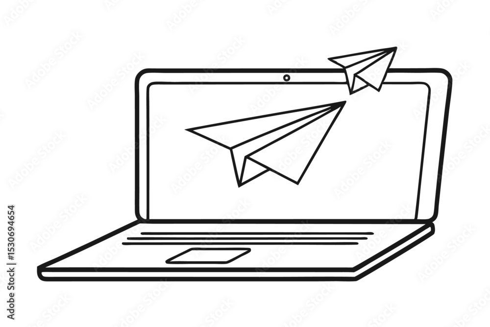 Poster single line drawing of a laptop computer with paper isolated on transparent background