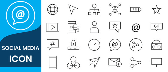 Social media line icon set. Post, like, video, media, chat, people, communication, business, and promote outline icon collection. UI thin outline icon pack