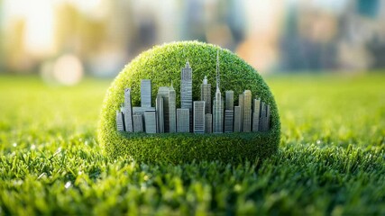 Sustainable cityscape model on grass hill: eco-friendly urban development vision