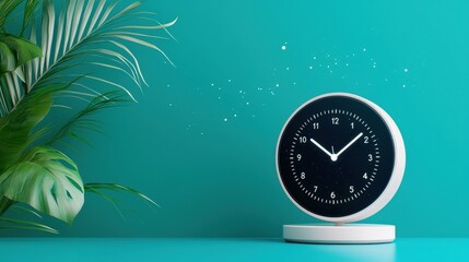 A white clock with a black face sits on a table in front of a green plant