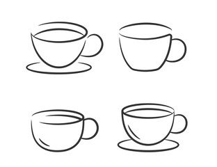 Minimalist black and white line art of four coffee cups, vector eps10 illustration