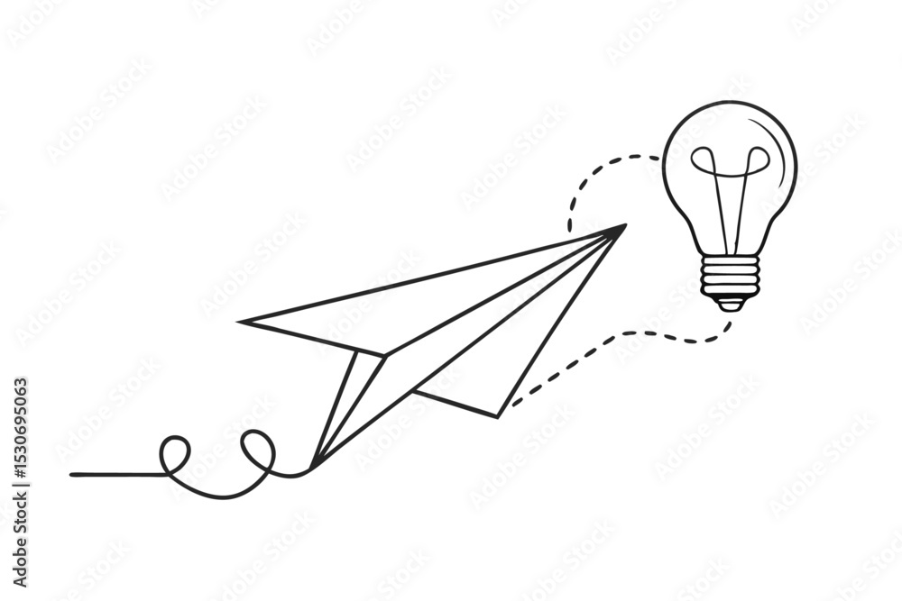 Poster paper airplane soaring upward connected to a light bulb isolated on transparent background