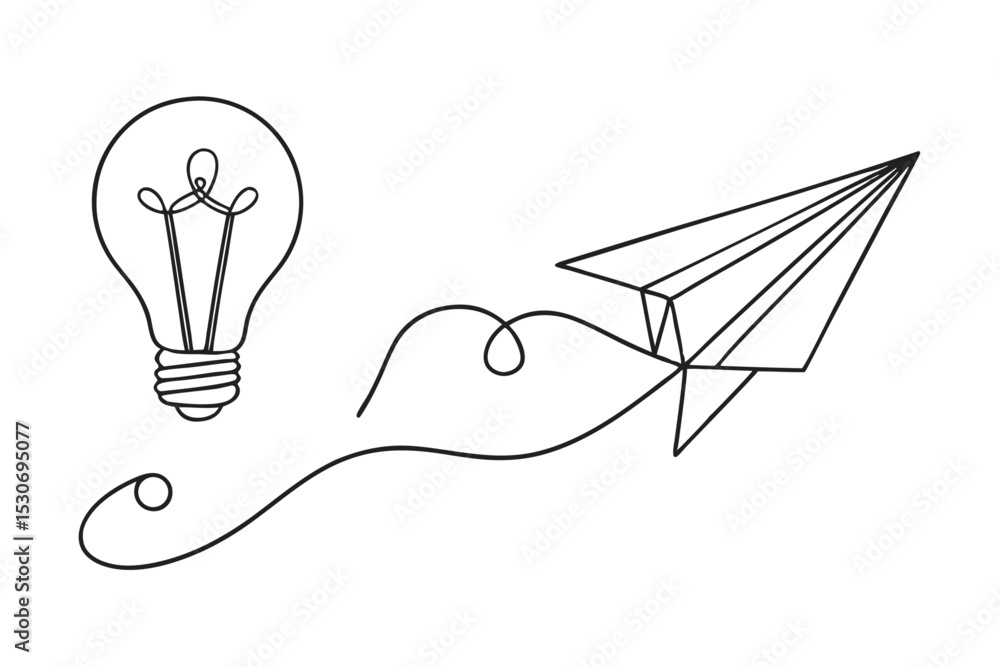 Poster paper airplane soaring upward connected to a light bulb isolated on transparent background