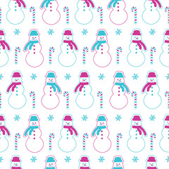 Outline style snowman and snowflakes vector seamless pattern Winter, New Year and Christmas Texture Creative neon gift wrapping paper design, wallpaper, fabric textile prints, card or banner template
