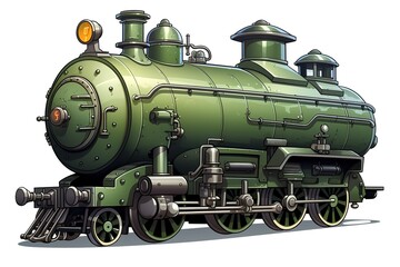 Naklejka premium Green cartoon illustration of an old vintage steam locomotive train against white background