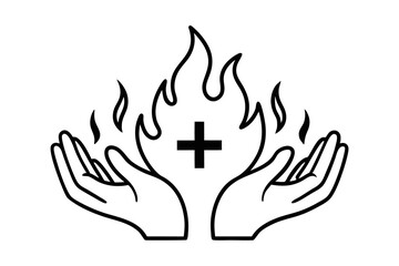 Obraz premium Continuous line art hands holding fire plus sign isolated on transparent background