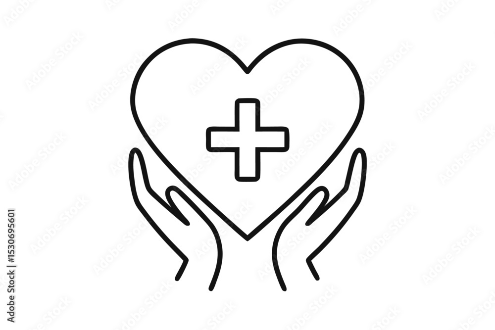 Poster heart with plus sign held in hands continuous line drawing isolated on transparent background
