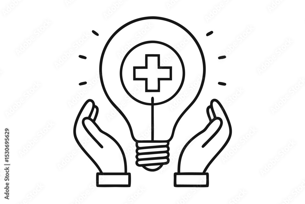 Poster illuminated idea plus sign within a lightbulb held in hands isolated on transparent background
