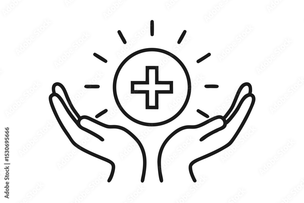 Poster continuous line art sun in hands with plus sign isolated on transparent background