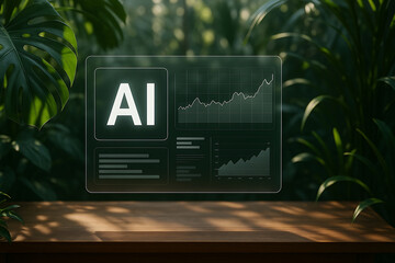 Futuristic display showcasing AI data analytics in lush, green environment, symbolizing integration of technology and nature
