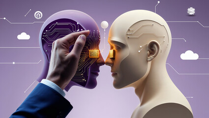 Artificial intelligence and human connection depicted with circuitry and human forms on purple background