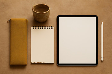 Workspace setup featuring tablet, notepad, pencil, and small ceramic cup, all arranged brown surface, creating minimalist
