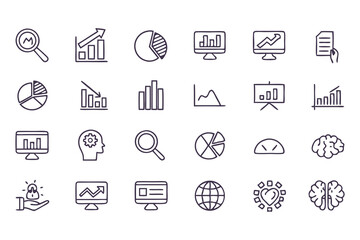 Business analytics and data chart icon set. vector line icons of graphs, pie charts, reports, growth, statistics, and marketing data.