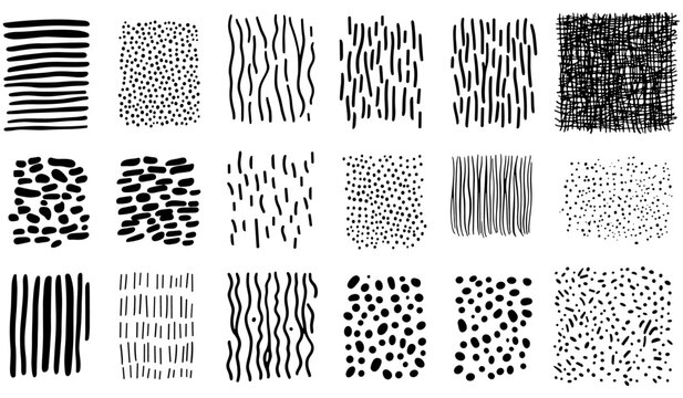 Vector illustration of abstract ink brush patterns, hand-drawn squiggle, Scandinavian elements, polka dot, lattice, minimal hatching line art, texture swatches, kids wall art, png.