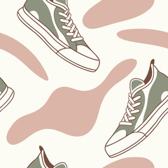 Seamless pattern with sneakers and abstract shapes for textile design