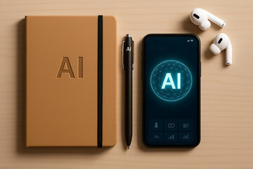 Modern workspace flat lay featuring notebook, smartphone, pen, and wireless earbuds, emphasizing technology and creativity