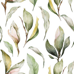 Watercolor magnolia seamless pattern