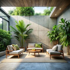 Light-filled indoor garden room with light-toned furniture and lush greenery