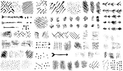 Big vector set of grungy line arrows, squiggles, crosses, hand drawn pen line block scribbles, crosshatches, dots, contemporary creative design elements, abstract shapes, vector illustration.
