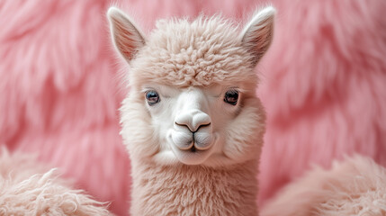 Portrait of a white alpaca on a fluffy pink textile background. The cute expression of the muzzle emphasizes the friendly character of the animal.
