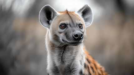 Close-up portrait of a hyena against a background of blurred natural tones. Clear facial features, expressive eyes and contrasting fur texture