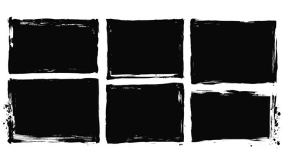 Black grunge vector illustration, rectangular and square text box frames, hand drawn rough texture brush strokes, ink splashes, dirty graffiti banner, urban art background.